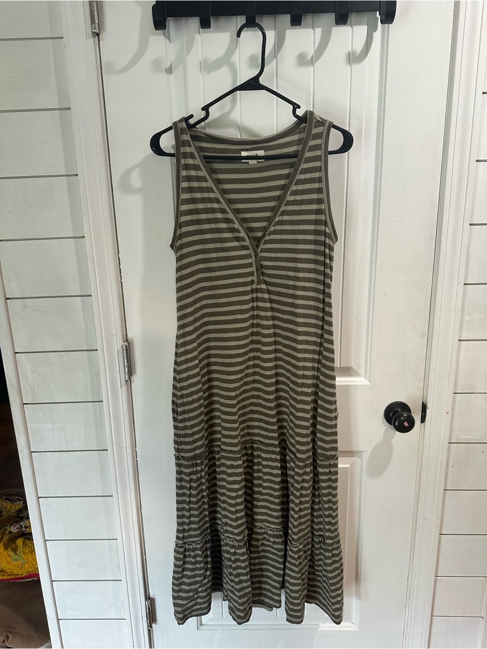 Sleeveless Olive Striped V-Neck Maxi Dress